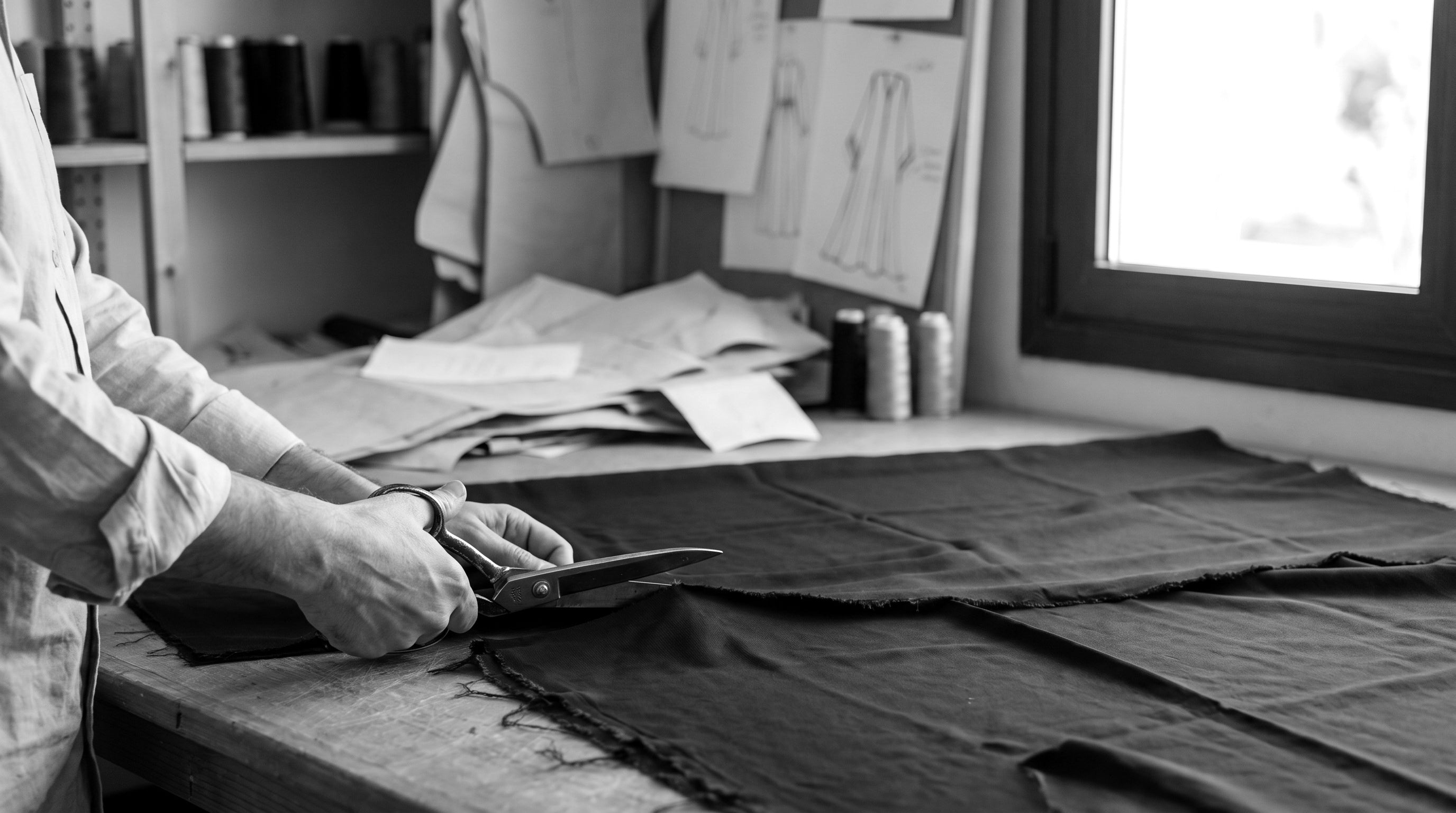 A tailor cutting fabric in the Atelier Ahad Dubai atelier