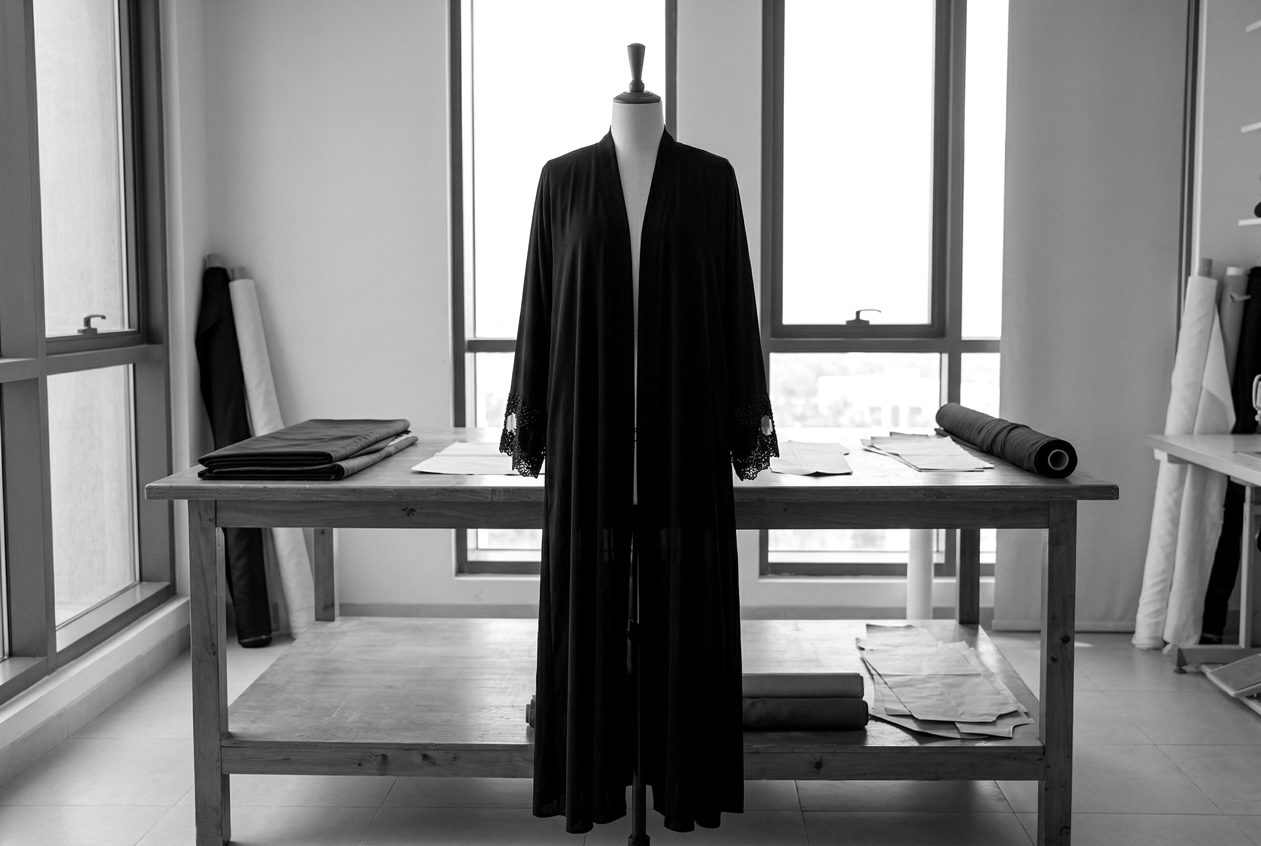 An abaya draped on a mannequin in the Atelier Ahad Dubai atelier