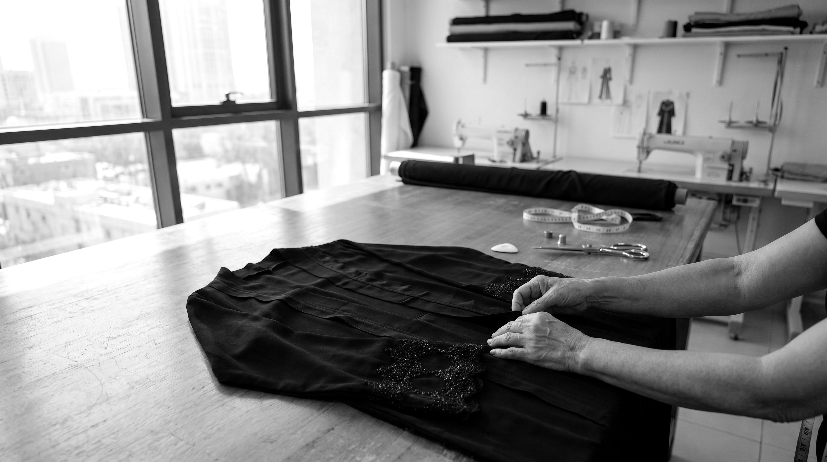 An abaya being inspected in the Atelier Ahad Dubai atelier